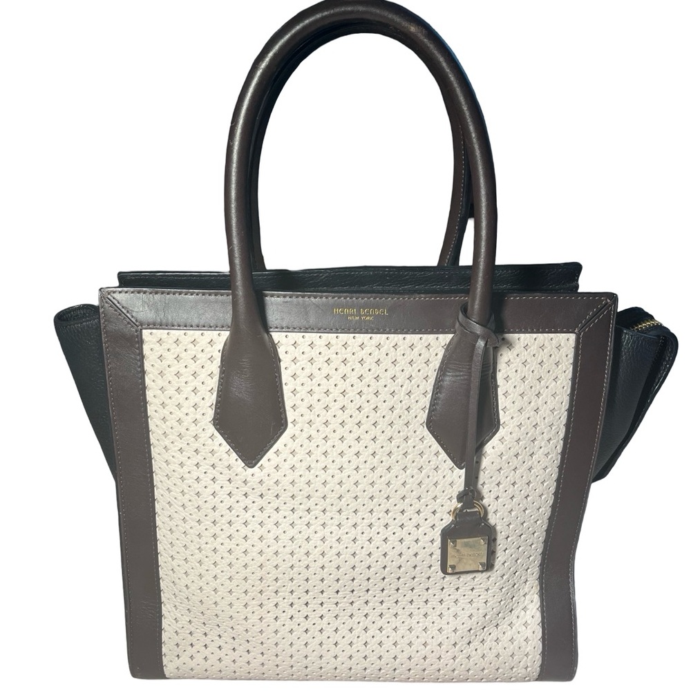 Henri Bendel Rivington Tote Shoulder Handbag Brown Cream Leather EUC